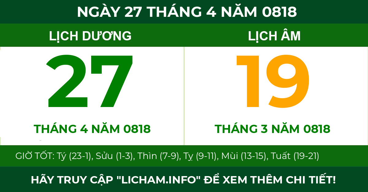 lịch âm ngày 27 tháng 4 năm 0818