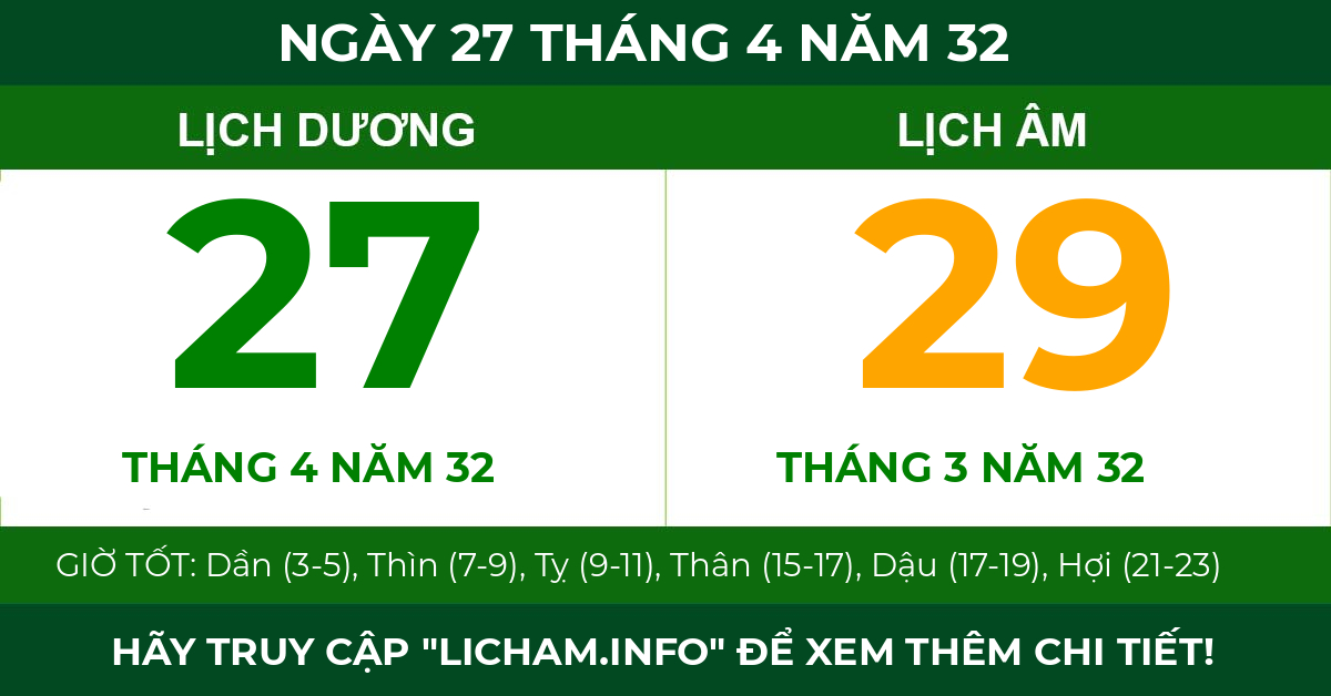 lịch âm ngày 27 tháng 4 năm 32