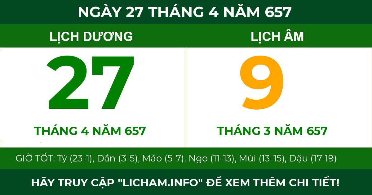lịch âm ngày 27 tháng 4 năm 657
