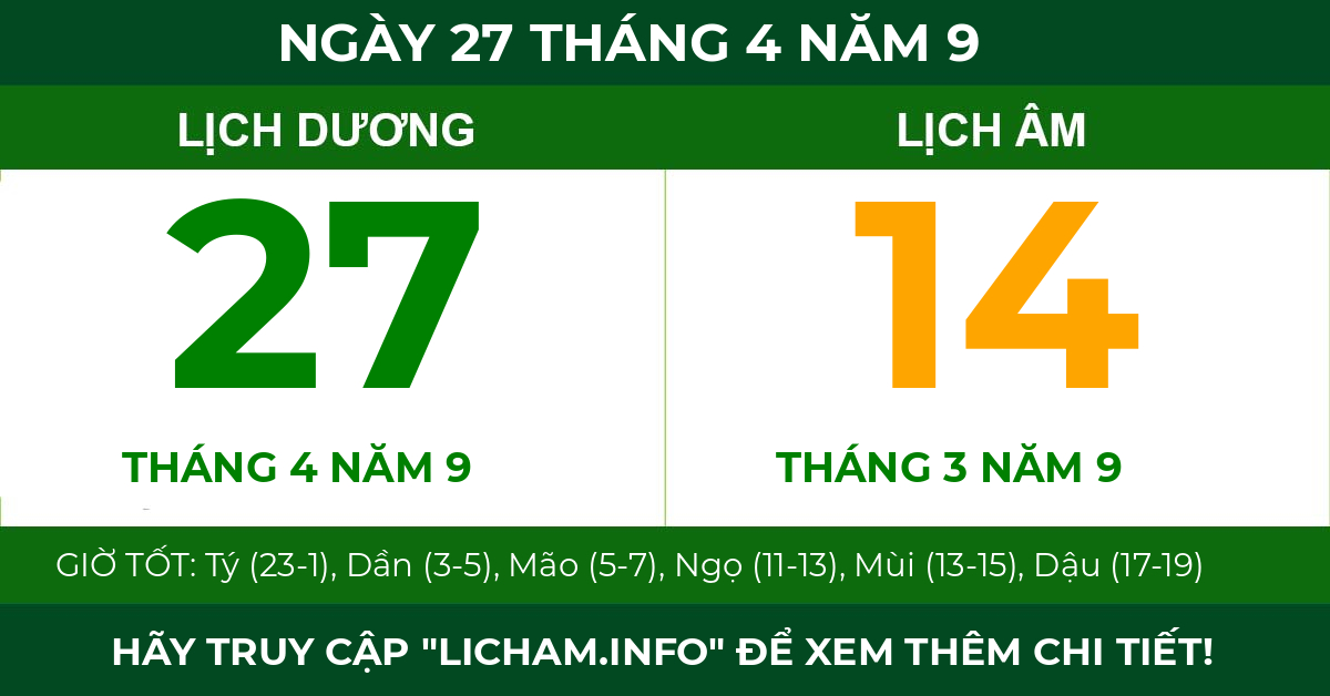 lịch âm ngày 27 tháng 4 năm 9