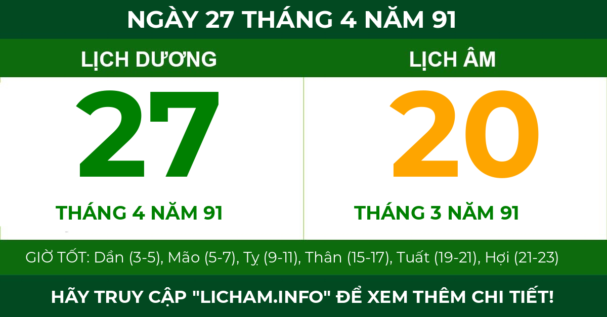 lịch âm ngày 27 tháng 4 năm 91