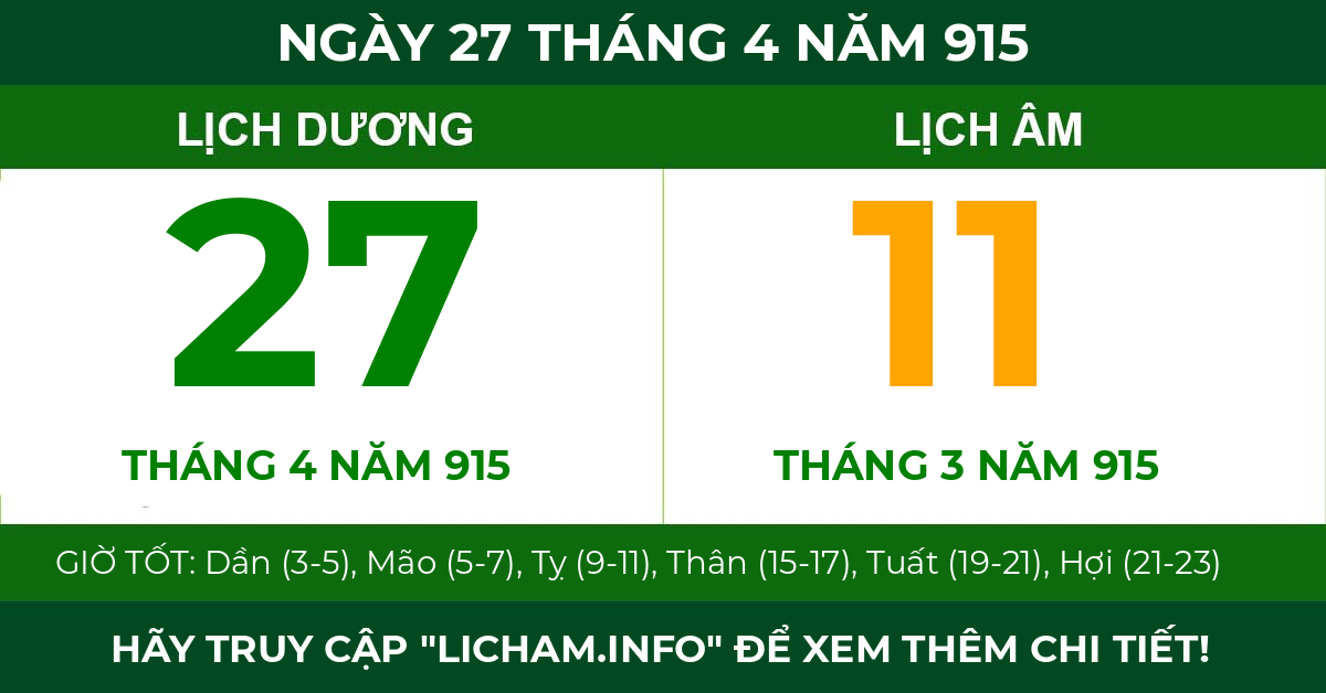 lịch âm ngày 27 tháng 4 năm 915