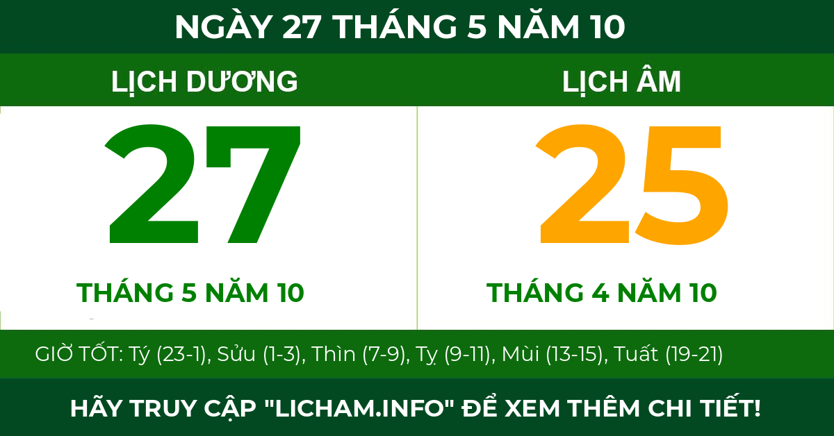 lịch âm ngày 27 tháng 5 năm 10