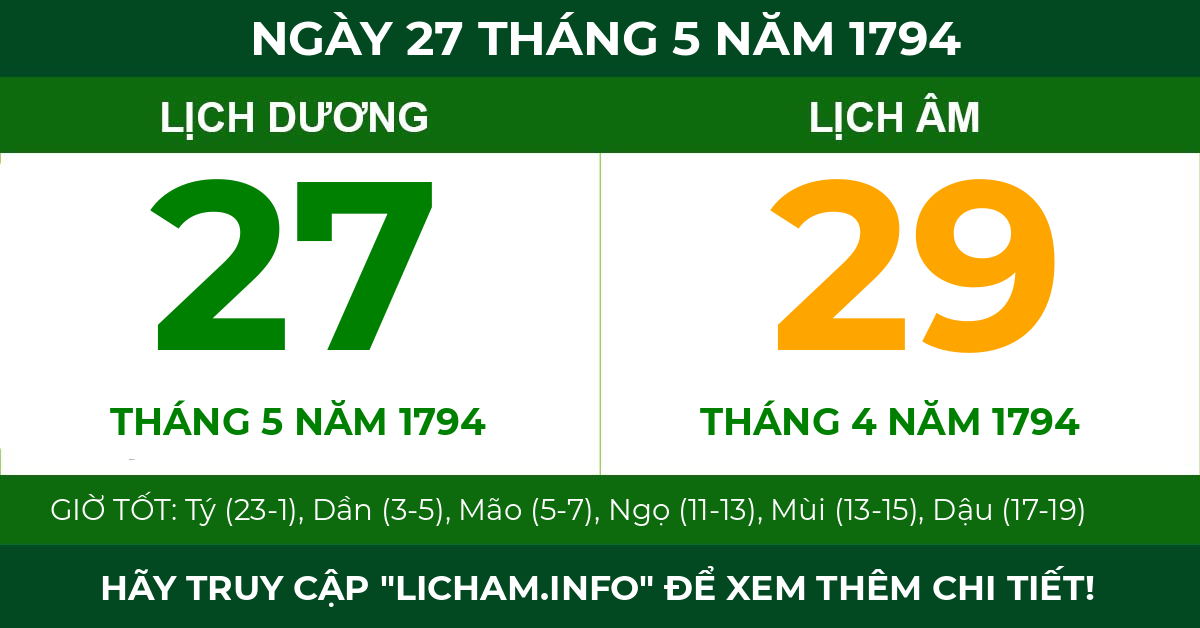lịch âm ngày 27 tháng 5 năm 1794