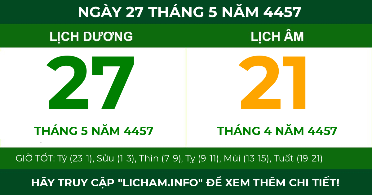 lịch âm ngày 27 tháng 5 năm 4457