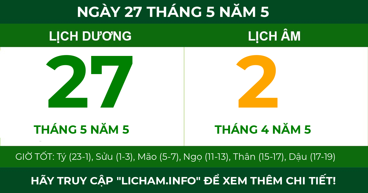 lịch âm ngày 27 tháng 5 năm 5