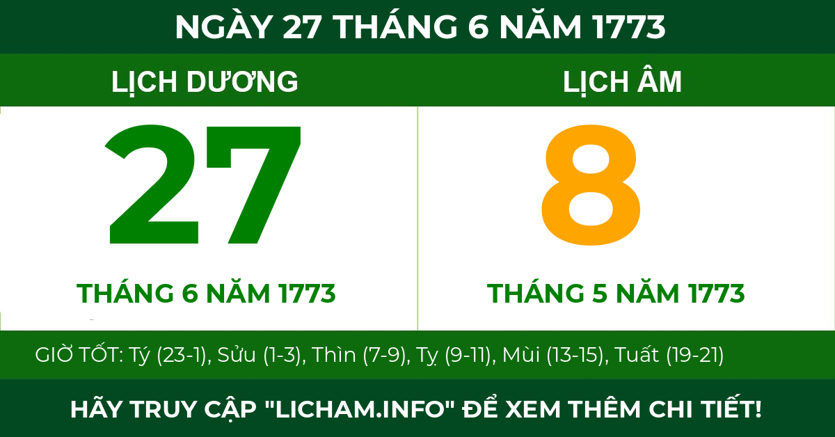 lịch âm ngày 27 tháng 6 năm 1773