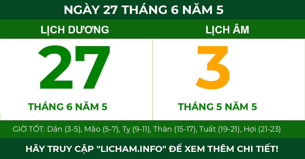 lịch âm ngày 27 tháng 6 năm 5