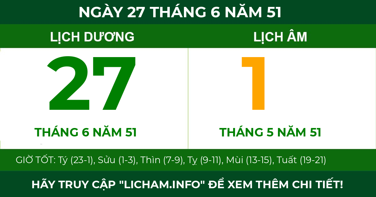 lịch âm ngày 27 tháng 6 năm 51