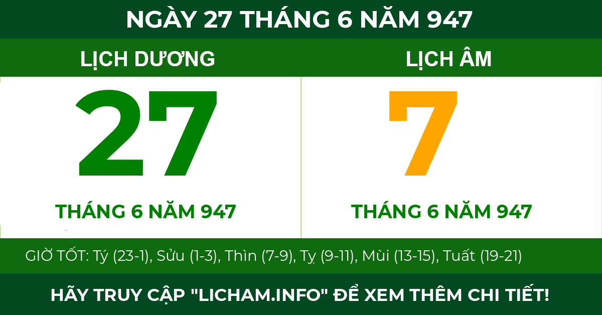 lịch âm ngày 27 tháng 6 năm 947