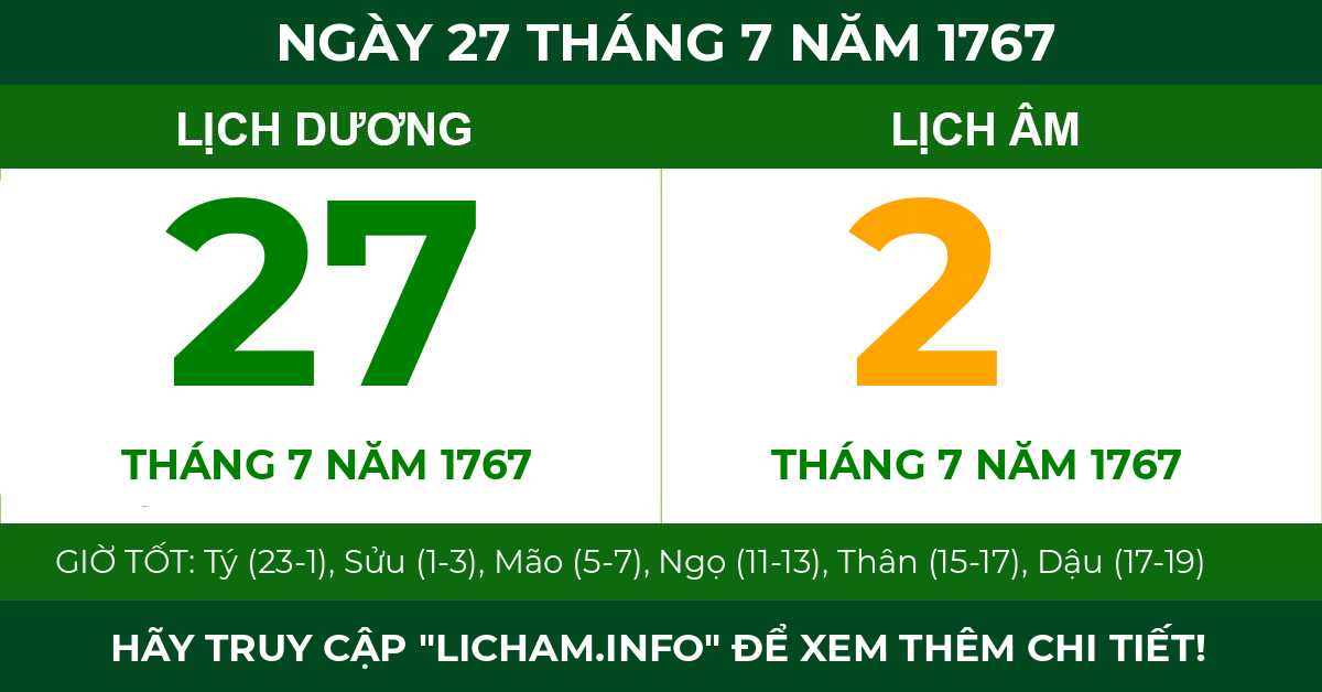 lịch âm ngày 27 tháng 7 năm 1767