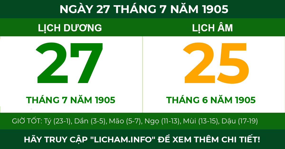lịch âm ngày 27 tháng 7 năm 1905