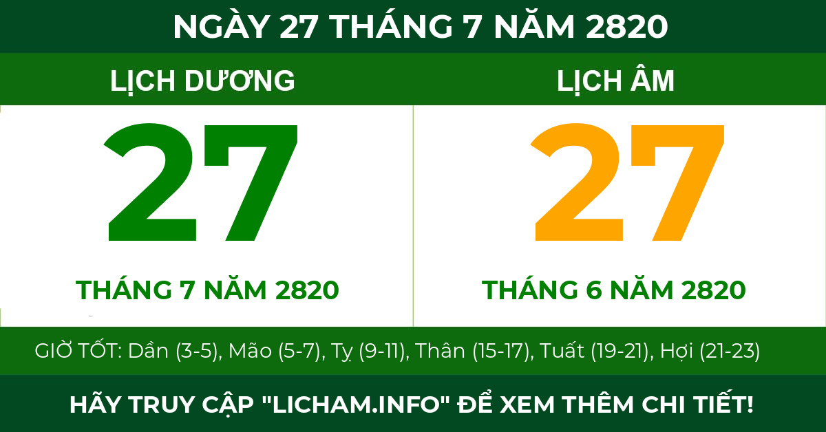 lịch âm ngày 27 tháng 7 năm 2820