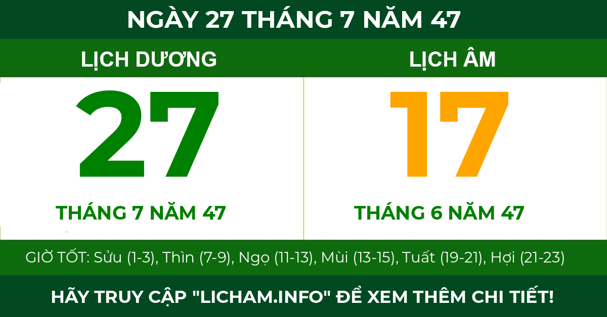 lịch âm ngày 27 tháng 7 năm 47