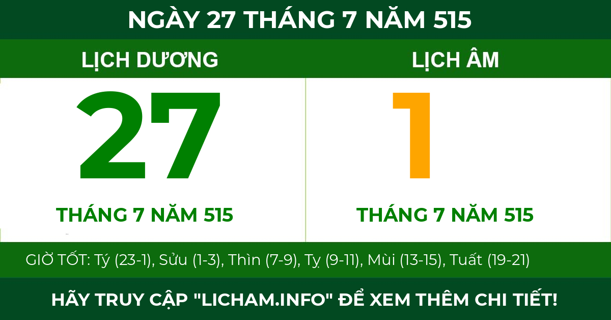 lịch âm ngày 27 tháng 7 năm 515