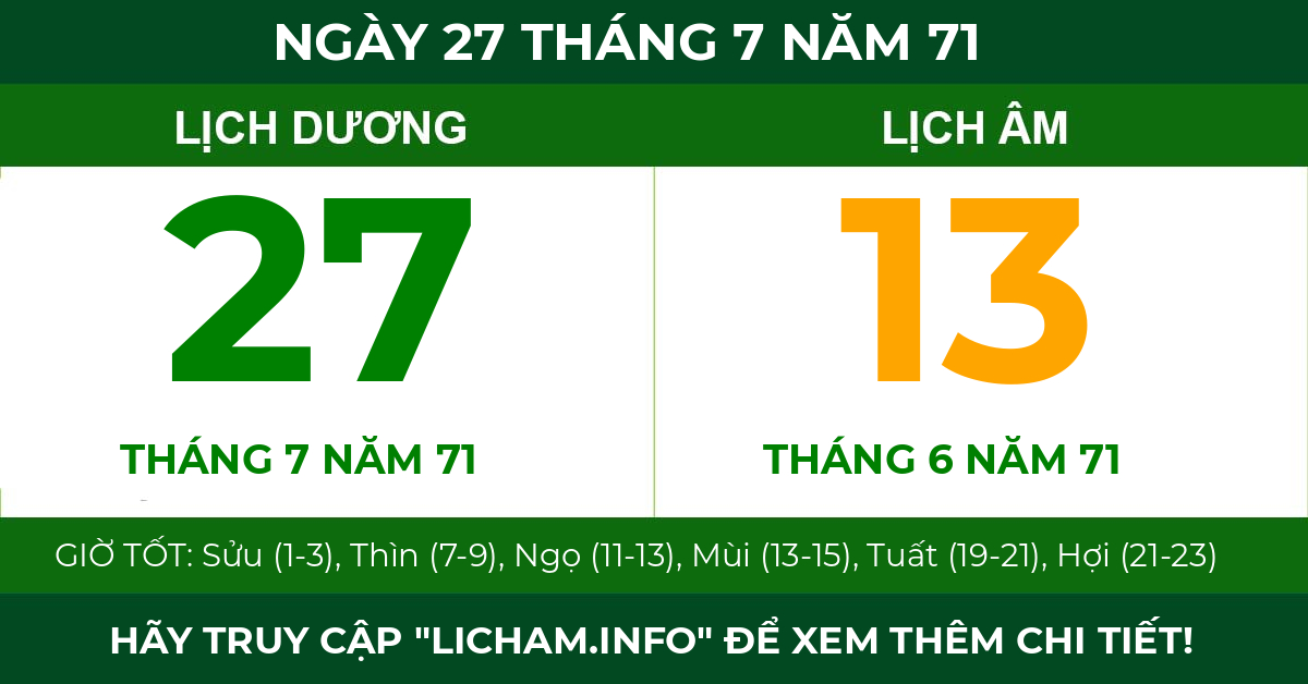 lịch âm ngày 27 tháng 7 năm 71