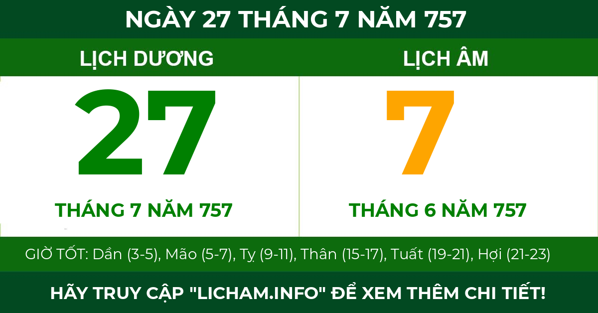 lịch âm ngày 27 tháng 7 năm 757