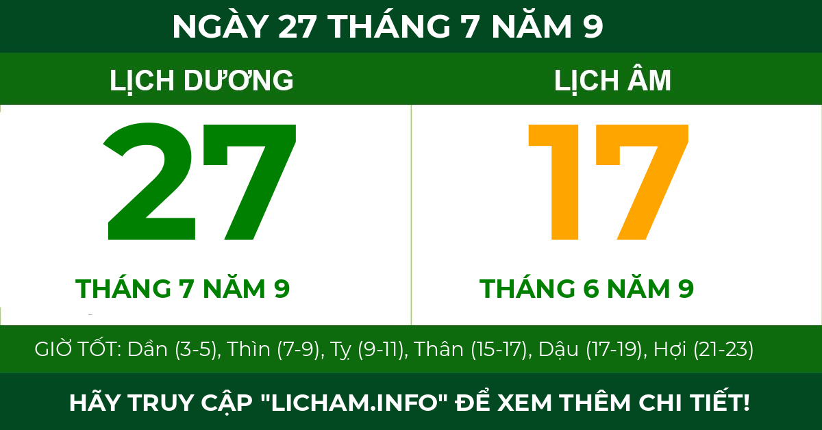 lịch âm ngày 27 tháng 7 năm 9
