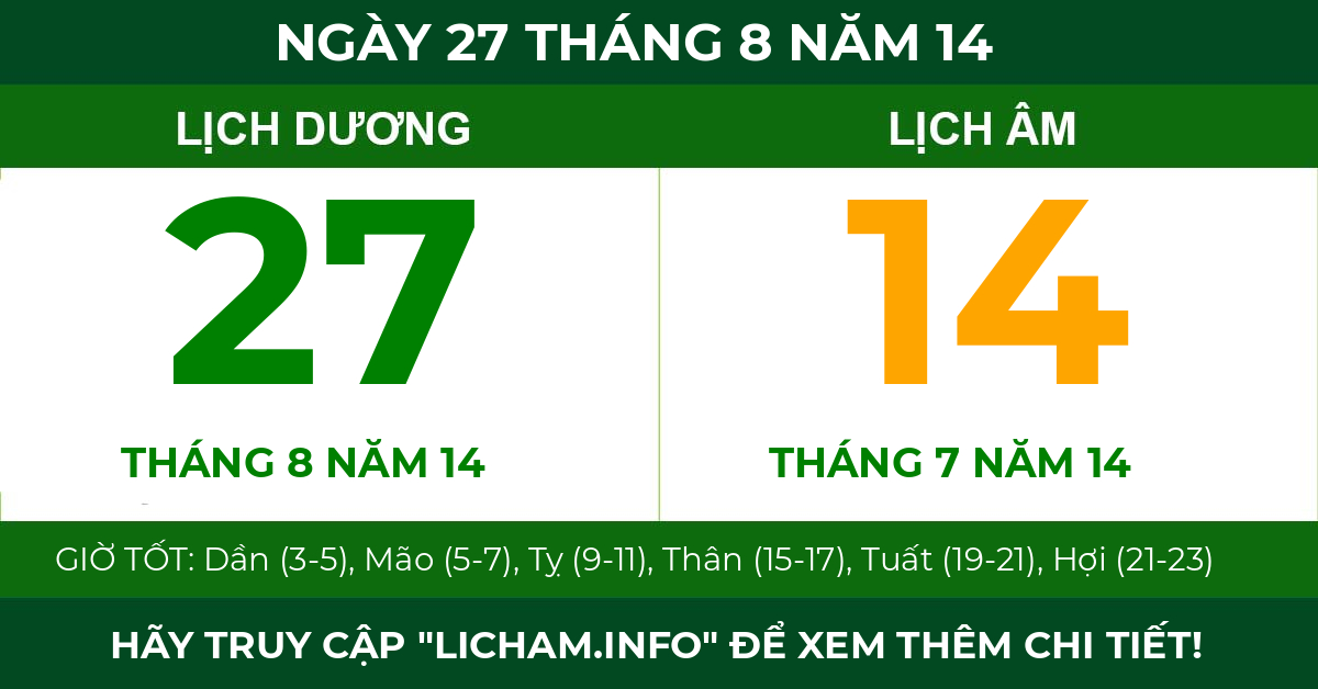 lịch âm ngày 27 tháng 8 năm 14
