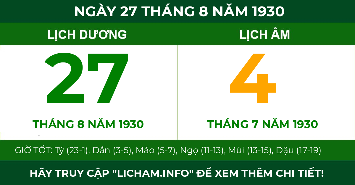 lịch âm ngày 27 tháng 8 năm 1930