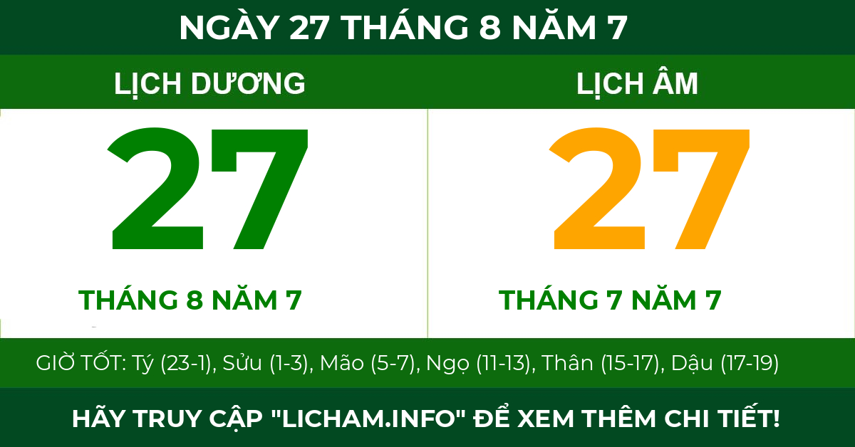 lịch âm ngày 27 tháng 8 năm 7