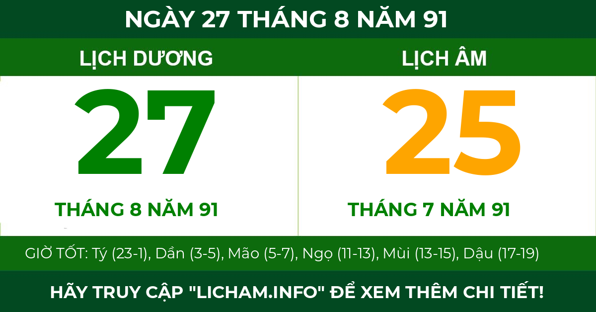 lịch âm ngày 27 tháng 8 năm 91