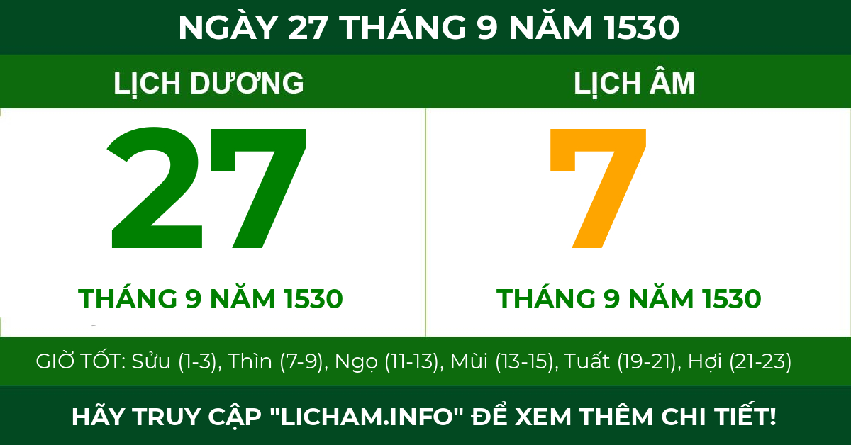 lịch âm ngày 27 tháng 9 năm 1530