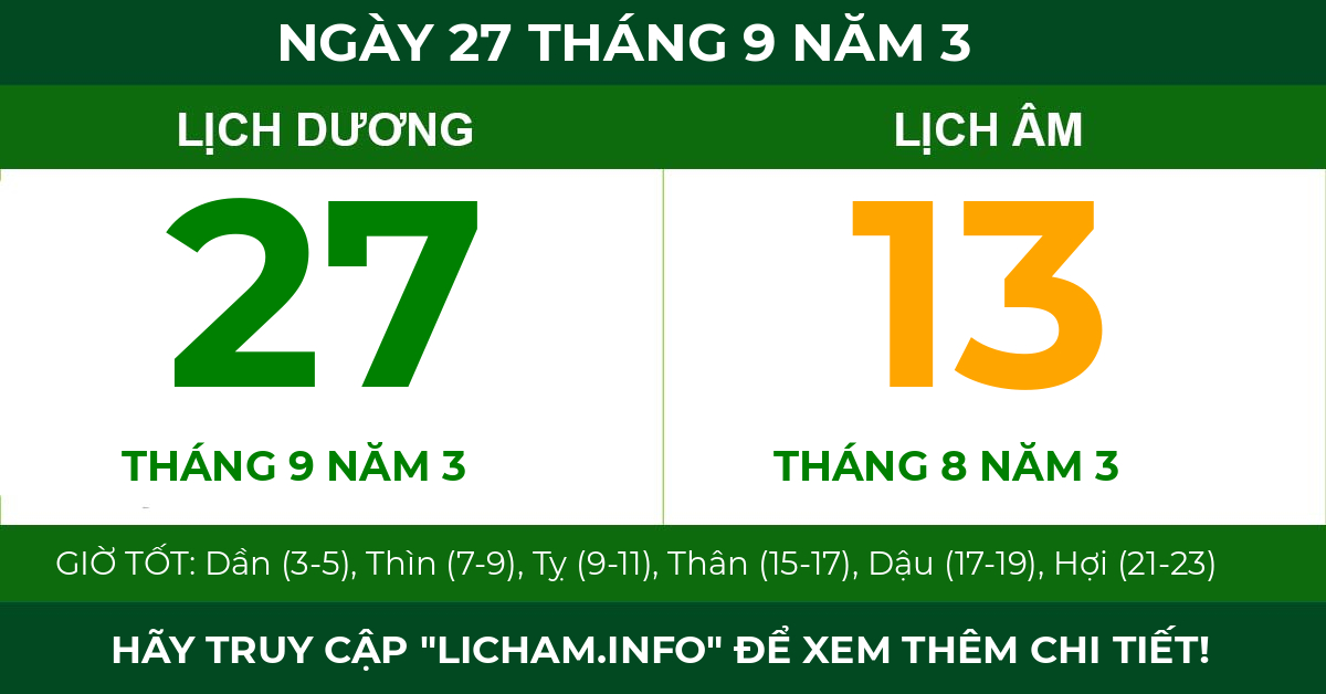lịch âm ngày 27 tháng 9 năm 3