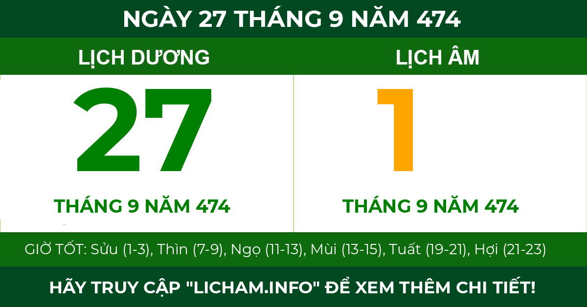 lịch âm ngày 27 tháng 9 năm 474