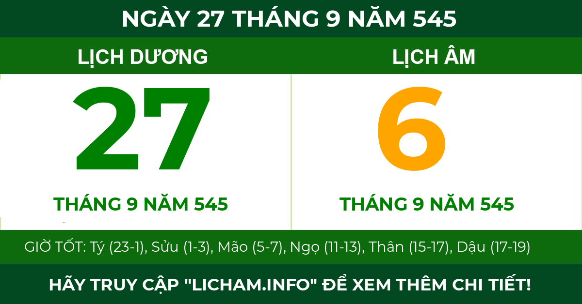 lịch âm ngày 27 tháng 9 năm 545