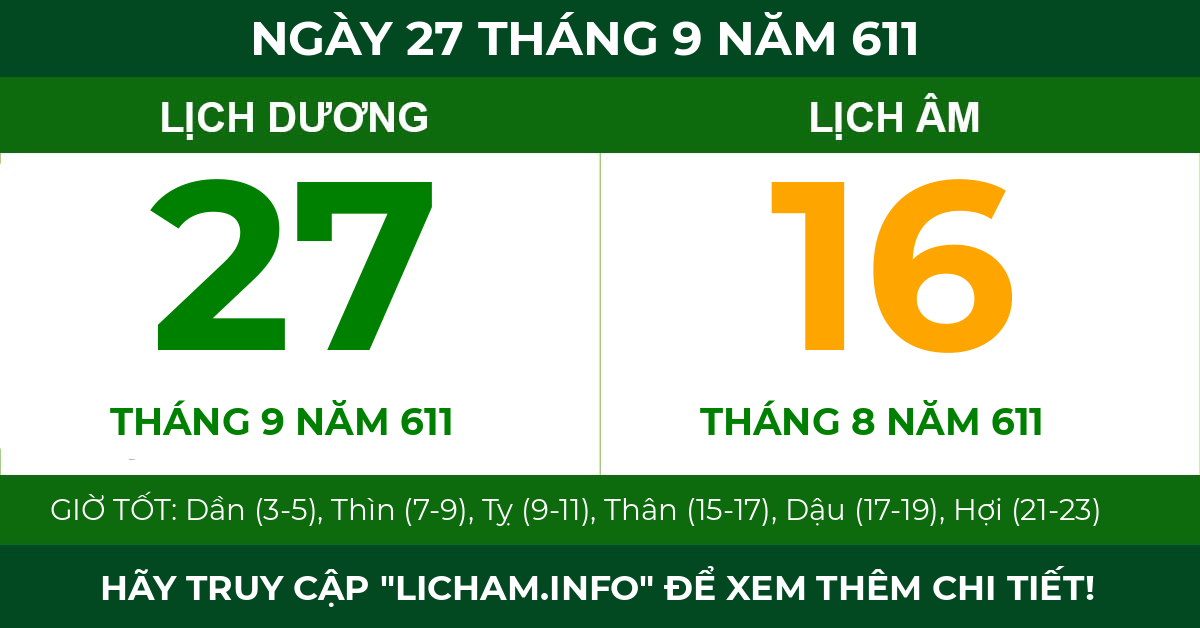 lịch âm ngày 27 tháng 9 năm 611
