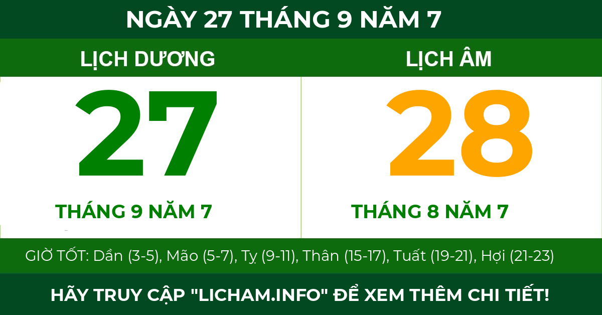 lịch âm ngày 27 tháng 9 năm 7