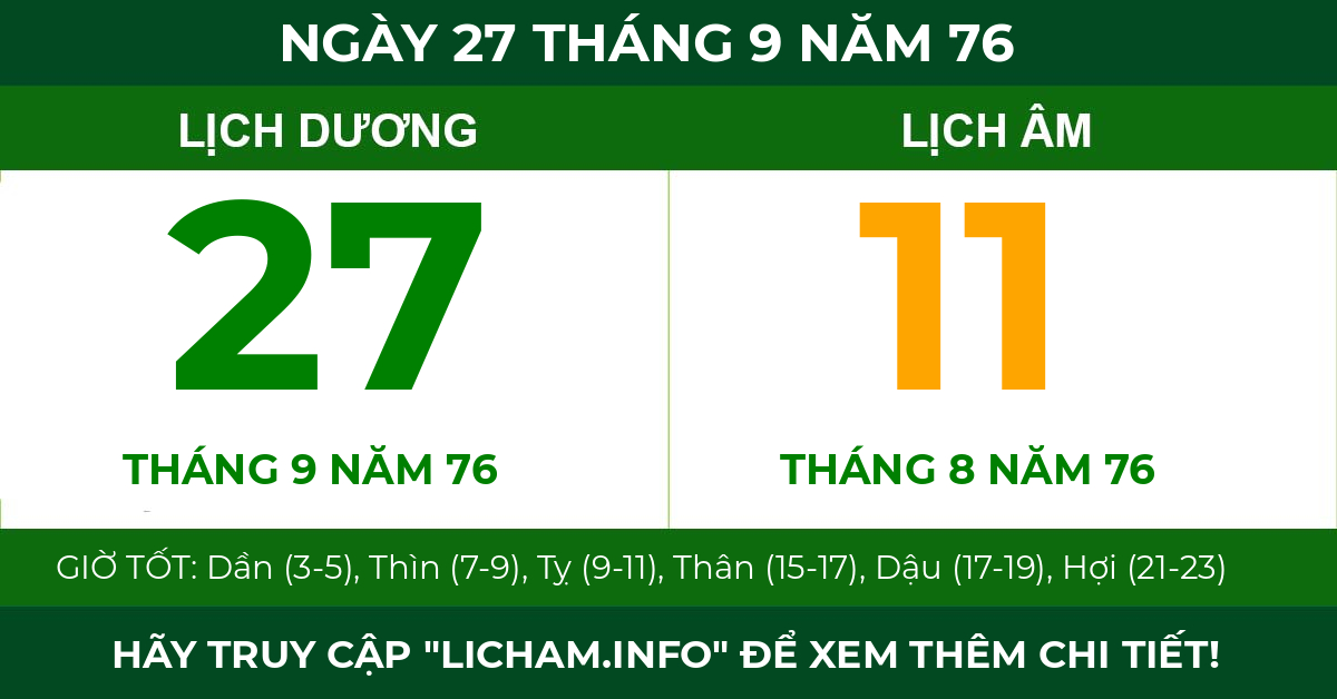 lịch âm ngày 27 tháng 9 năm 76