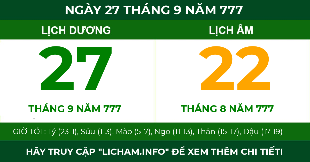 lịch âm ngày 27 tháng 9 năm 777
