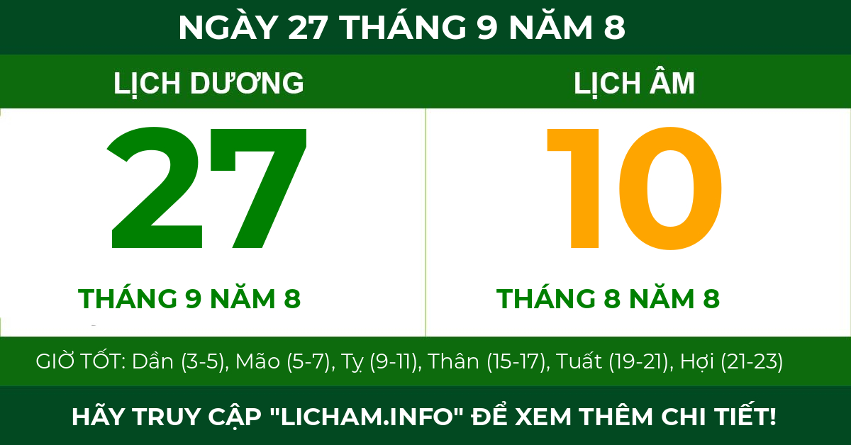 lịch âm ngày 27 tháng 9 năm 8