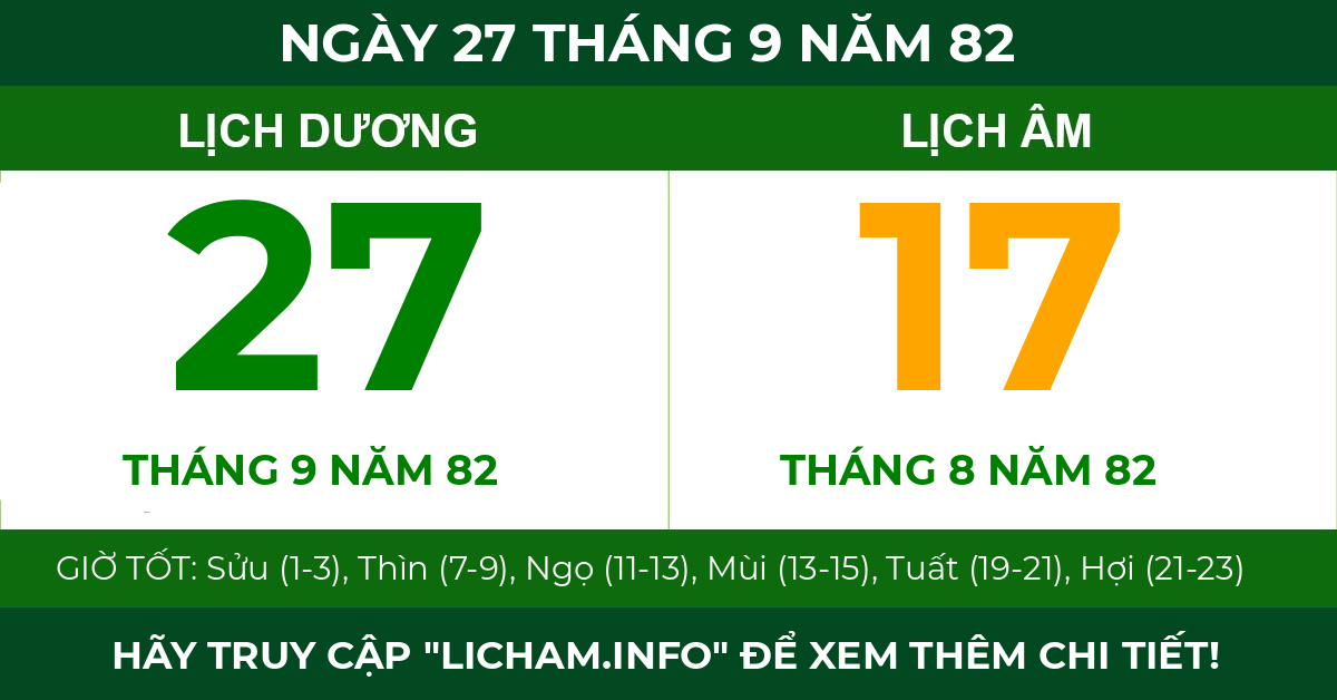 lịch âm ngày 27 tháng 9 năm 82
