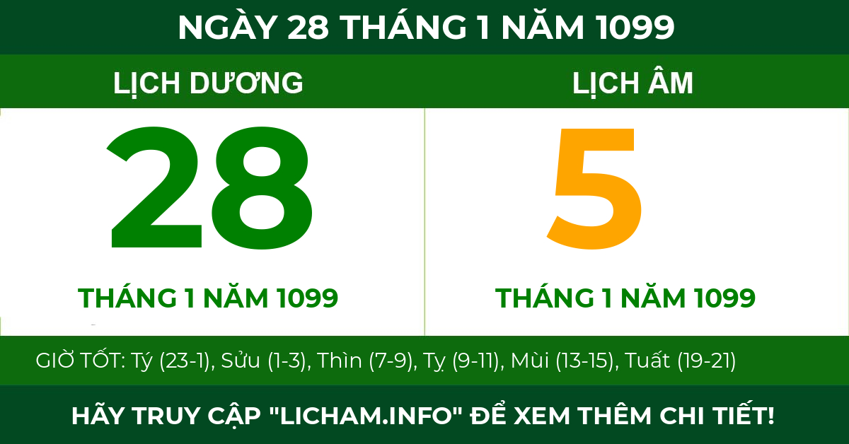 lịch âm ngày 28 tháng 1 năm 1099
