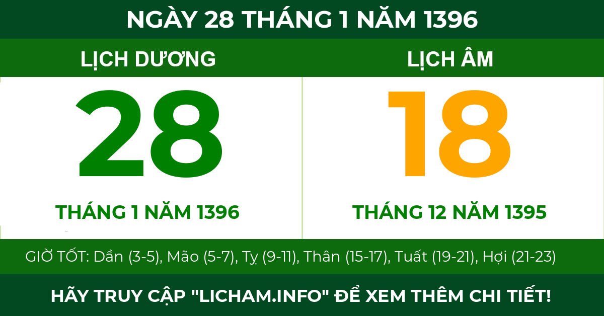lịch âm ngày 28 tháng 1 năm 1396