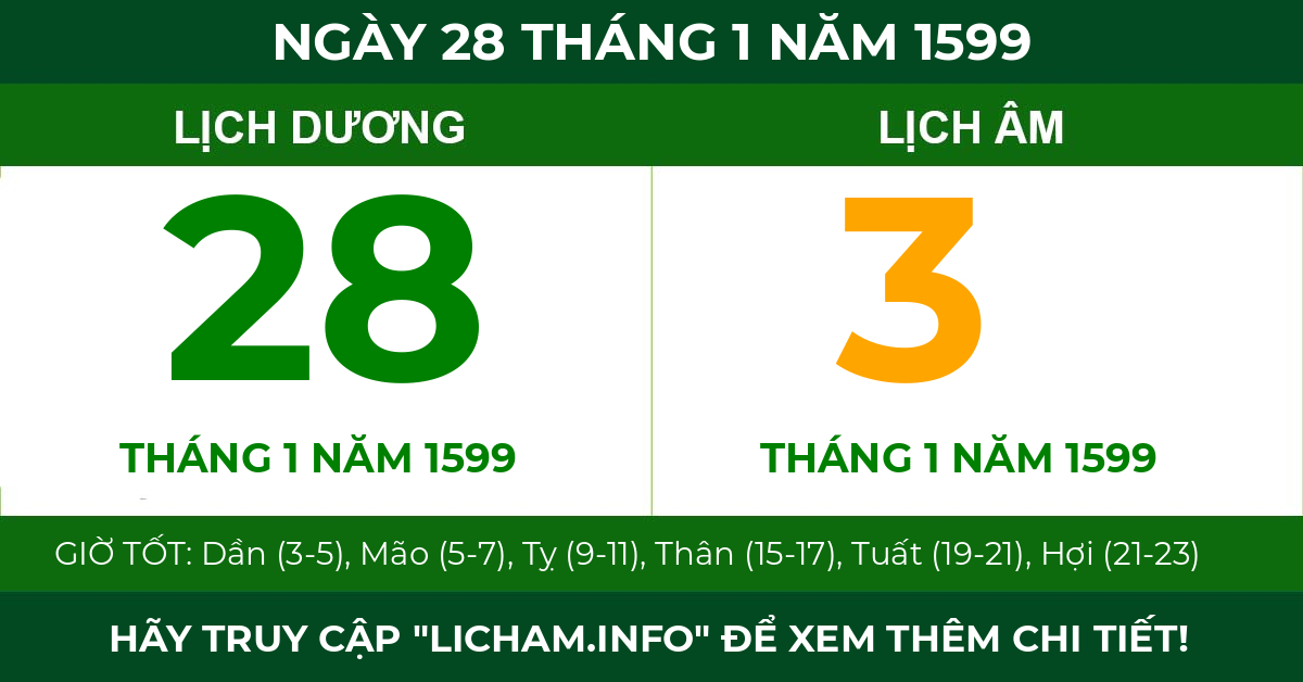lịch âm ngày 28 tháng 1 năm 1599
