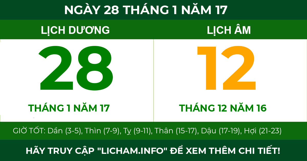lịch âm ngày 28 tháng 1 năm 17
