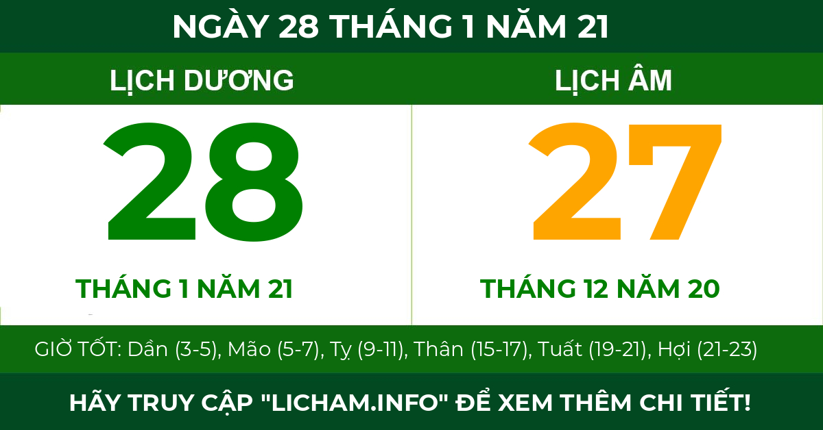 lịch âm ngày 28 tháng 1 năm 21