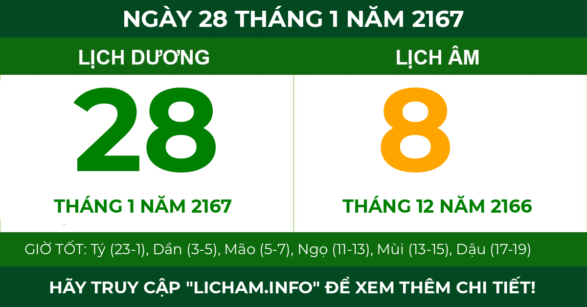 lịch âm ngày 28 tháng 1 năm 2167