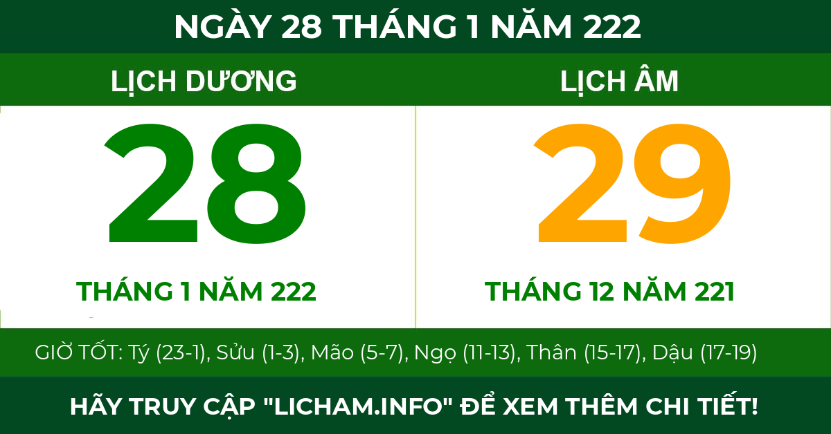 lịch âm ngày 28 tháng 1 năm 222