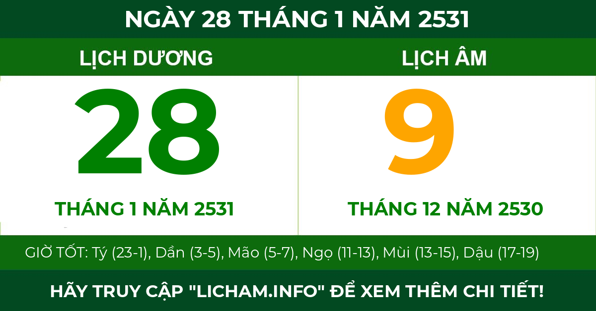 lịch âm ngày 28 tháng 1 năm 2531