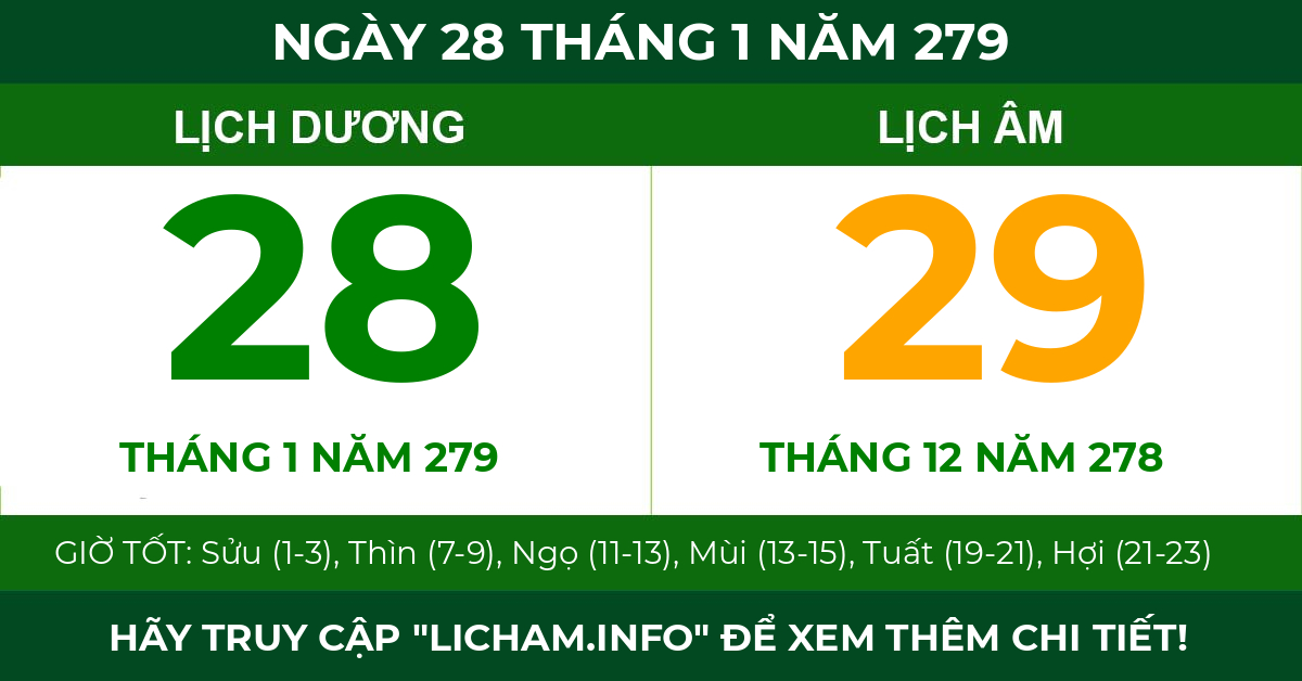 lịch âm ngày 28 tháng 1 năm 279
