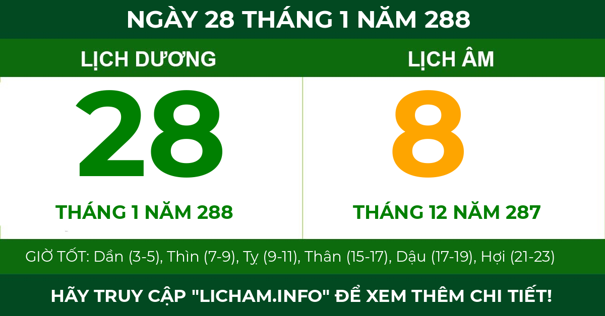 lịch âm ngày 28 tháng 1 năm 288