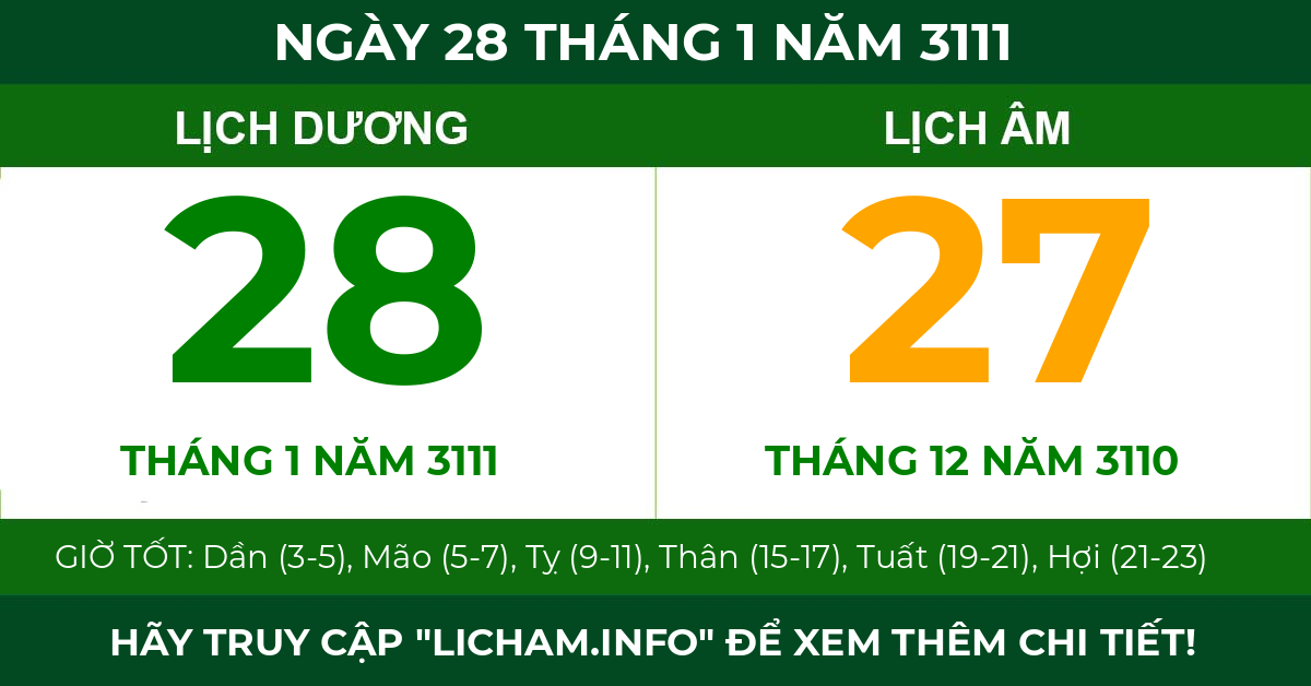 lịch âm ngày 28 tháng 1 năm 3111