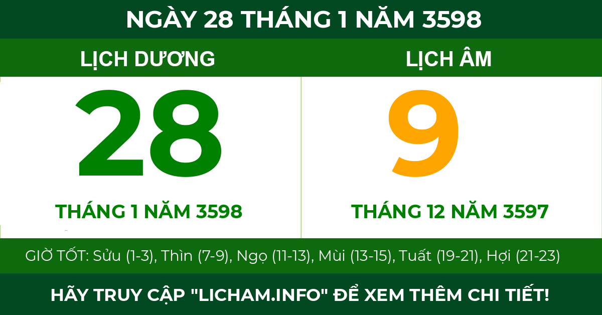 lịch âm ngày 28 tháng 1 năm 3598