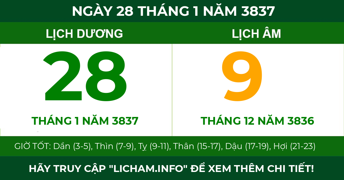 lịch âm ngày 28 tháng 1 năm 3837