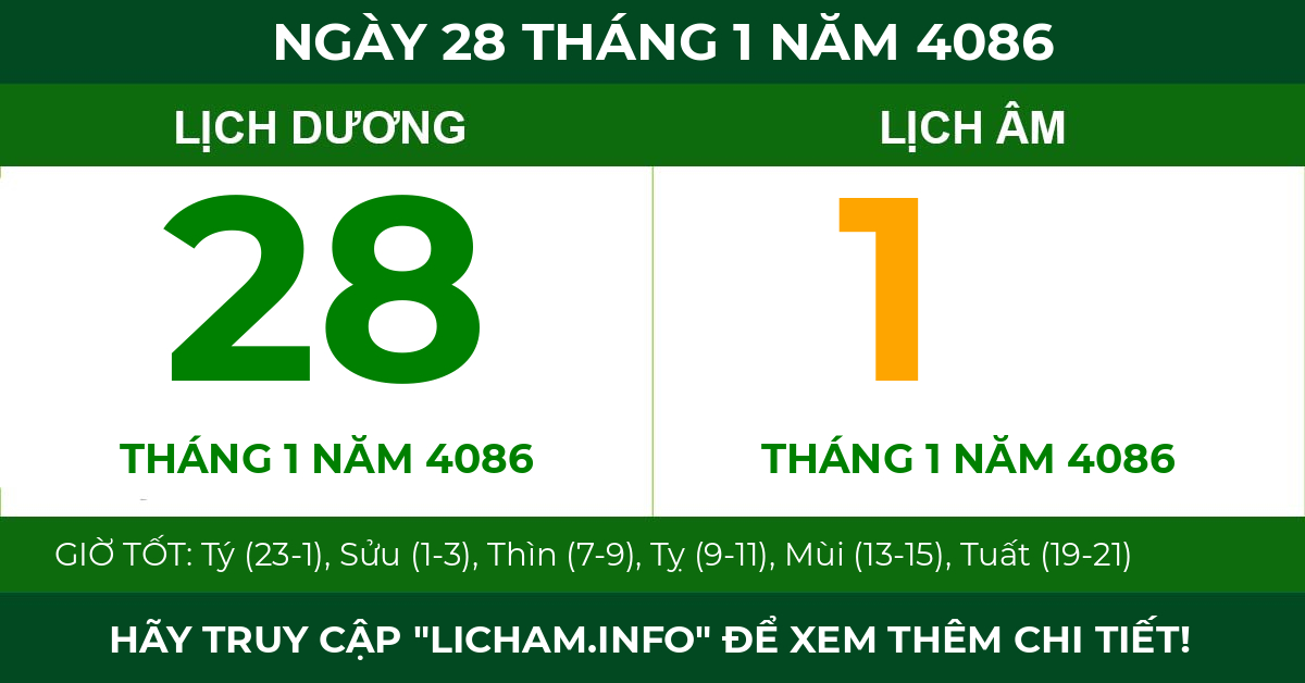 lịch âm ngày 28 tháng 1 năm 4086